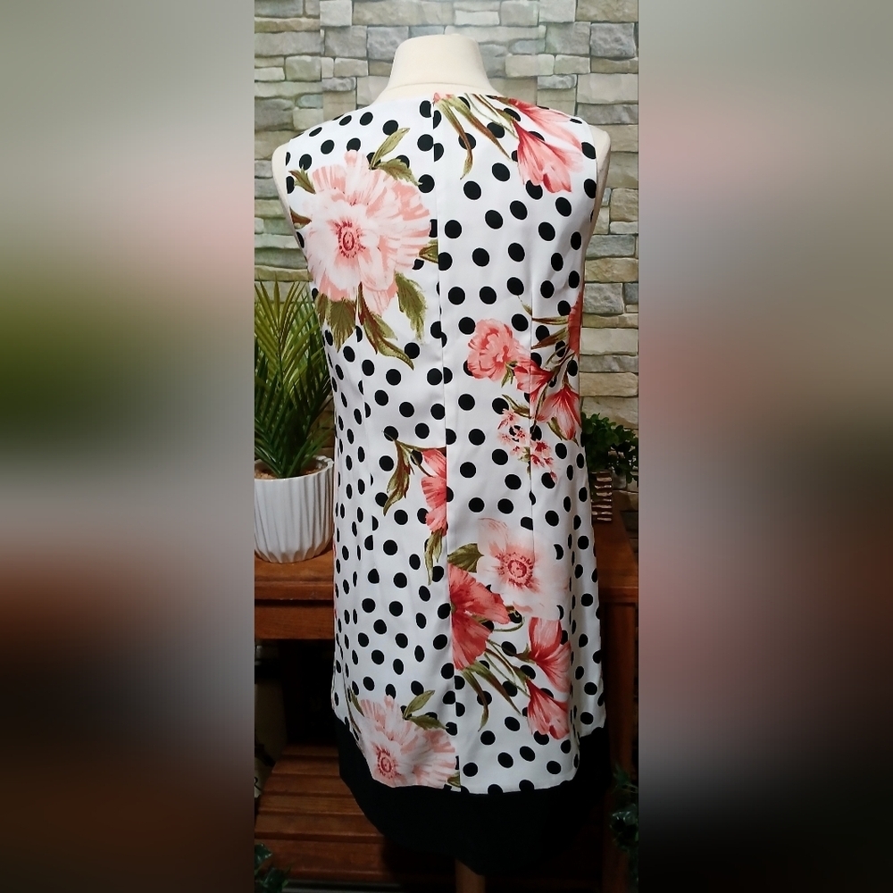 AGB Womens Size 10 Black White Polka Dot Floral Midi Dress Formal Feminine - Picture 3 of 6